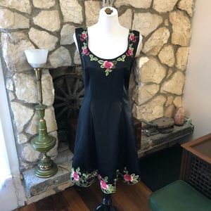Vintage Betsey Johnson Evening Black Stretch Poly Satin Dress w Floral Trim